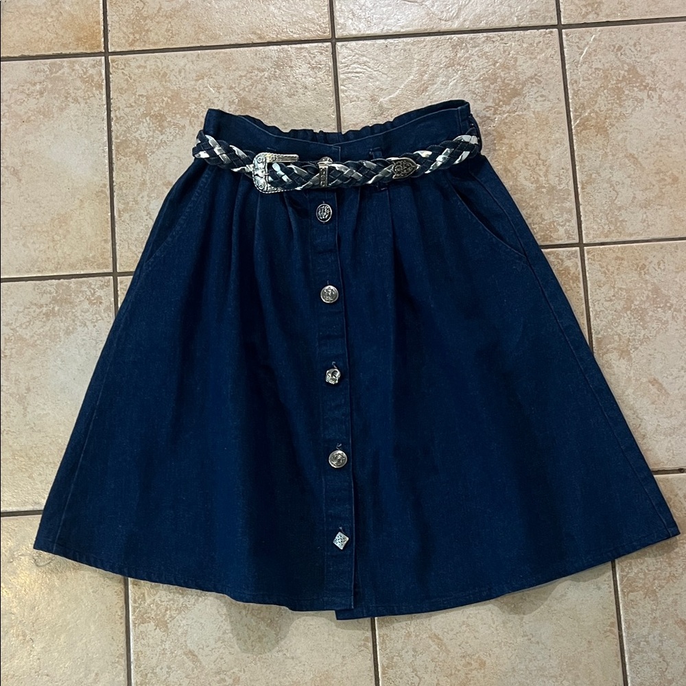 VTG Cherokee Dark Blue Denim A-Line Skirt‎ Metal Buttons & Matching Belt, Sz 14